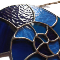 Ammonite stained glass light catcher in blues