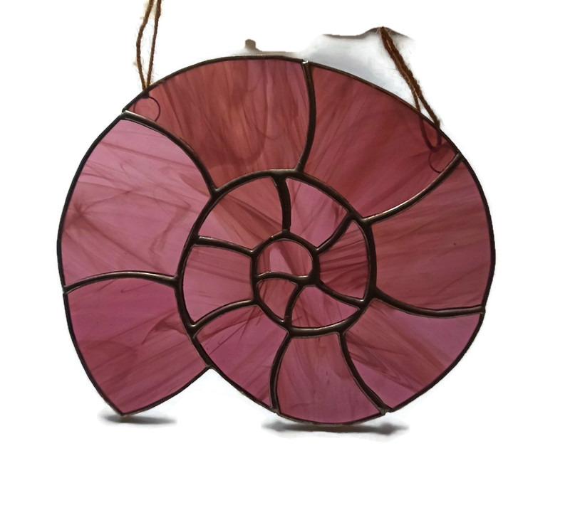 Ammonite stained glass light catcher in streaky pink glass - Image 3
